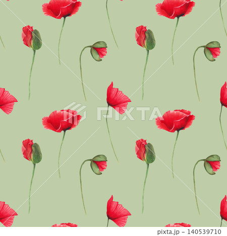Seamless pattern of red poppies with buds on a green background. Watercolor botanical illustration. Wild Poppy Festival. Hand drawn art. Remembrance, Anzac, Labour Day. For fabrics and textiles Seamless pattern of red poppies with buds on a green background. Watercolor botanical illustration. Wild Poppy Festival. Hand drawn art. Remembrance, Anzac, Labour Day. For fabrics and textiles 140539710
