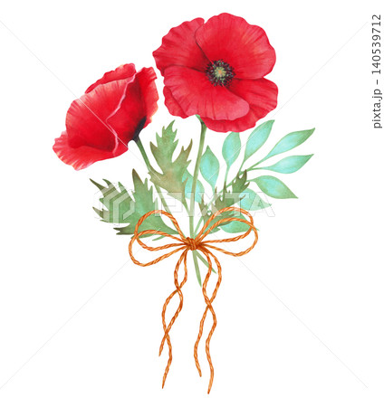 Watercolor botanical illustration of a bouquet of red poppies tied with twine. Poppy Day. Hand-drawn isolated art. Spring and labor holiday. Remembrance. ANZAC Day. For wedding and holiday printing 140539712