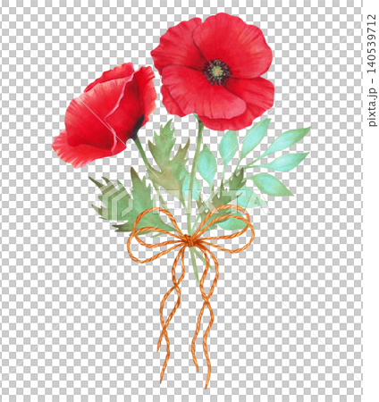 Watercolor botanical illustration of a bouquet of red poppies tied with twine. Poppy Day. Hand-drawn isolated art. Spring and labor holiday. Remembrance. ANZAC Day. For wedding and holiday printing 140539712