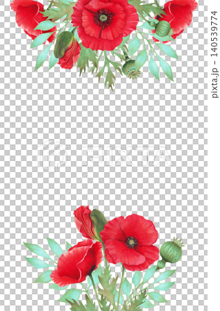 Watercolor vertical frame with red poppy, buds, seed pods and foliage. Floral arrangement with space for text. Hand-drawn isolated art. Invitation template. Symbol of remembrance and peace, Anzac 140539774