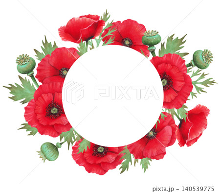 Watercolor illustration of poppy and leaves with pod. Round frame with space for text. Wild Poppy Festival, Remembrance, Anzac Day. Botanical template for packaging, invitations and printed materials Watercolor illustration of poppy and leaves with pod. Round frame with space for text. Wild Poppy Festival, Remembrance, Anzac Day. Botanical template for packaging, invitations and printed materials 140539775