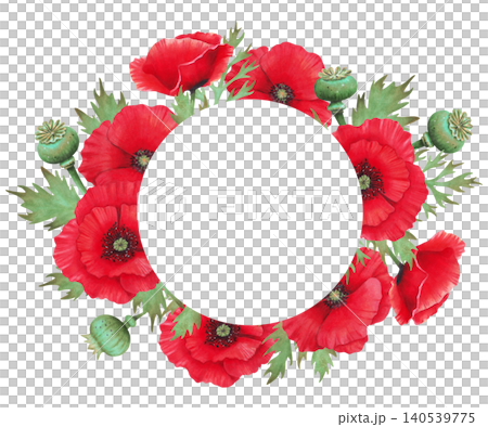 Watercolor illustration of poppy and leaves with pod. Round frame with space for text. Wild Poppy Festival, Remembrance, Anzac Day. Botanical template for packaging, invitations and printed materials Watercolor illustration of poppy and leaves with pod. Round frame with space for text. Wild Poppy Festival, Remembrance, Anzac Day. Botanical template for packaging, invitations and printed materials 140539775