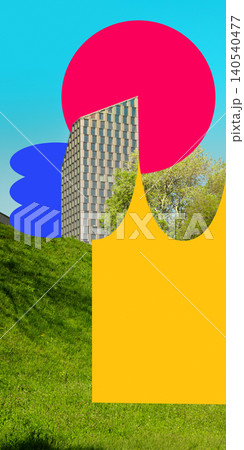 Bright city copy space with green lawn and modern high rise building 140540477