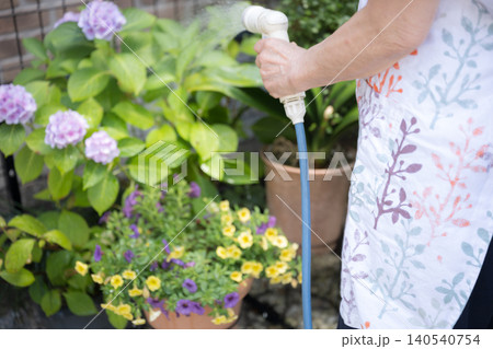 庭の花に水やりをする顔無しの手元のクローズアップ　園芸やお花屋さんなどの花壇のイメージ 140540754