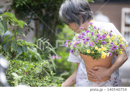 庭の花壇や植木を手入れで園芸(ガーデニング)を楽しむ花を見るグレイヘアの笑顔のシニア女性 顔無しの後 庭の花壇や植木を手入れで園芸(ガーデニング)を楽しむ花を見るグレイヘアの笑顔のシニア女性 顔無しの後 140540759