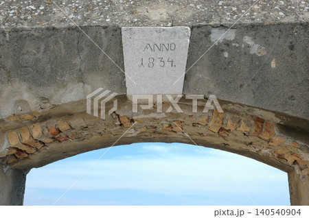 Historical Inscription Anno 1834 on a Stone Arch Keystone Historical Inscription Anno 1834 on a Stone Arch Keystone 140540904