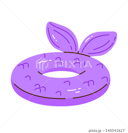 Cute inflatable pool ring shaped like a purple mermaid tail with fin and scales. Beach accessory for vacation, swimming pool, tropical holiday and summer party. Vector illustration in cartoon style 140541627