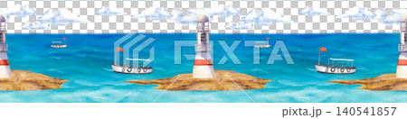 Seamless horizontal border of a coastal bay on an isolated background. Watercolor panoramic illustration with navigation beacon towers, ships, clouds, and turquoise sea water is perfect for kids Seamless horizontal border of a coastal bay on an isolated background. Watercolor panoramic illustration with navigation beacon towers, ships, clouds, and turquoise sea water is perfect for kids 140541857