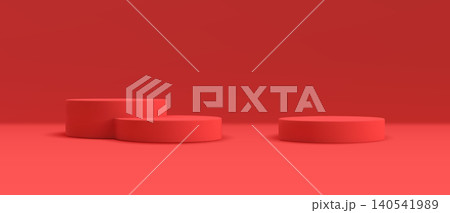 Minimalist red 3D podium vector background. Clean geometric stage cylinder pedestals for product presentation, cosmetic mockup or exhibition template with copy space. Minimalist red 3D podium vector background. Clean geometric stage cylinder pedestals for product presentation, cosmetic mockup or exhibition template with copy space. 140541989