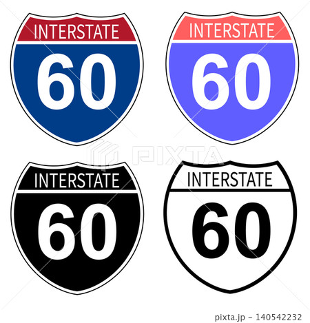 US Interstate 60 highway sign with route number and text. Interstate highway 60 road sign. 60 route symbol. flat style. US Interstate 60 highway sign with route number and text. Interstate highway 60 road sign. 60 route symbol. flat style. 140542232