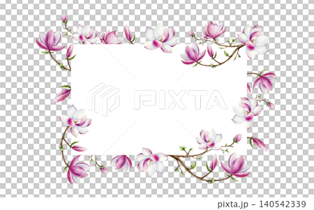 Magnolia branch frame with pink flowers. Watercolor hand drawn spring lush blossom with green buds on a tree illustration isolated on background, transparent png. Botanical and wedding clip art. For Magnolia branch frame with pink flowers. Watercolor hand drawn spring lush blossom with green buds on a tree illustration isolated on background, transparent png. Botanical and wedding clip art. For 140542339