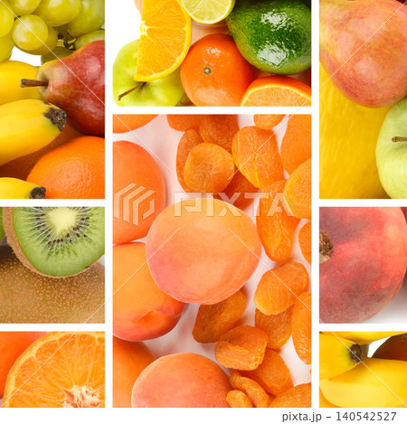 Colorful food collage of fresh organic fruits and sweet dried apricots, featuring macro close-ups of kiwi, orange slices, bananas, grapes, and peaches, square frame backdrop. Colorful food collage of fresh organic fruits and sweet dried apricots, featuring macro close-ups of kiwi, orange slices, bananas, grapes, and peaches, square frame backdrop. 140542527