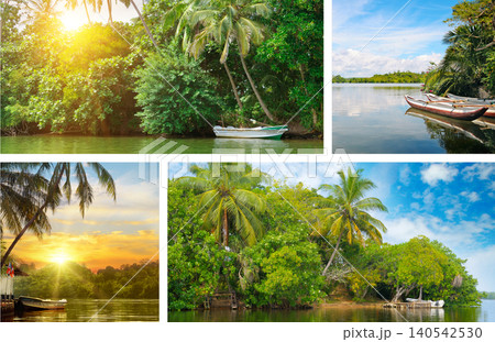 Creative collage of beautiful tropical river landscapes with palm trees and wooden boats under a bright sun, featuring exotic island scenery, horizontal frame. Creative collage of beautiful tropical river landscapes with palm trees and wooden boats under a bright sun, featuring exotic island scenery, horizontal frame. 140542530