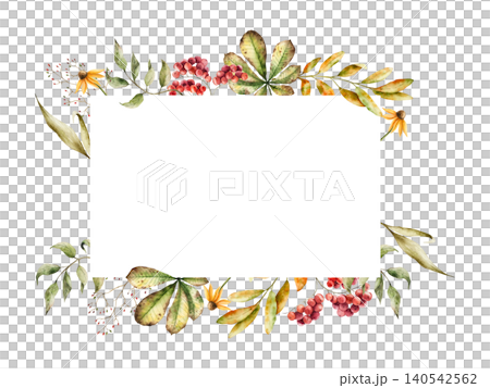 Watercolor frame, logo, template with bunch of rowan berries, autumn dry leaves. Botanical hand drawn illustration isolated on background. Ideal for seasonal, halloween, forest, or nature-themed 140542562
