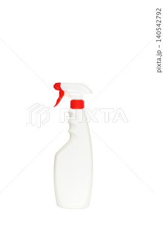 white plastic spray bottle with a red trigger sprayer side view on a white background white plastic spray bottle with a red trigger sprayer side view on a white background 140542792
