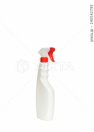 white spray bottle with a red trigger turned to the right on a white background 140542795