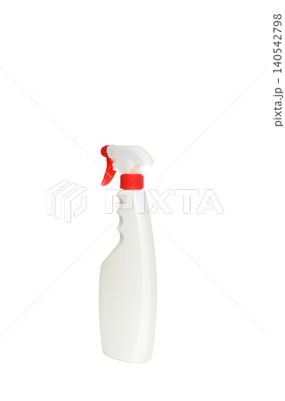 white spray bottle with a red atomizer at an angle to the right on a white background 140542798