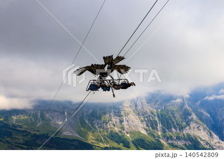 Grindelwald First peak activity - First Glider, Switzerland. Flying with a bird of prey, tourist attraction Grindelwald First peak activity - First Glider, Switzerland. Flying with a bird of prey, tourist attraction 140542809