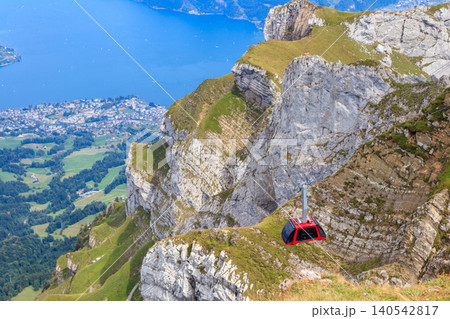 Overhead cable car to the top of Mount Pilatus in Canton Lucerne, Switzerland Overhead cable car to the top of Mount Pilatus in Canton Lucerne, Switzerland 140542817