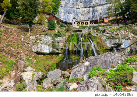 St. Beatus Waterfall at  St. Beatus Caves entrance in Beatenberg, Bernese Oberland, Switzerland 140542868
