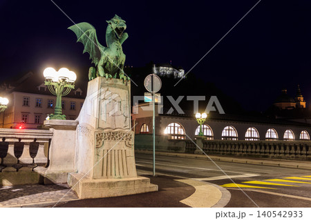 Night view of Dragon bridge over the Ljubljanica river in Ljubljana, Slovenia Night view of Dragon bridge over the Ljubljanica river in Ljubljana, Slovenia 140542933