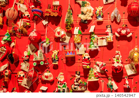 Christmas and New Year's toys in a store. Festive winter Christmas trade Christmas and New Year's toys in a store. Festive winter Christmas trade 140542947