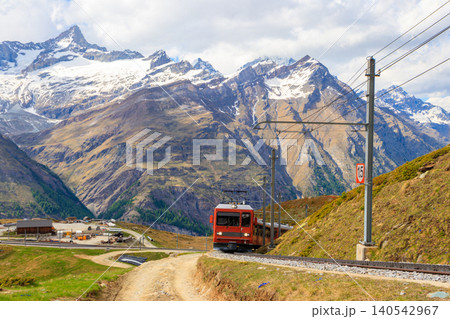Beautiful view of the Swiss Alps with cogwheel train of Gornergrat railway close to Zermatt, Switzerland 140542967