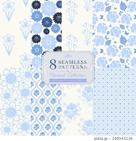 Classic blue and white seamless floral and geometric pattern collection Classic blue and white seamless floral and geometric pattern collection 140543116