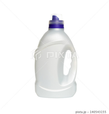 white plastic bottle for liquid detergent or fabric softener stands straight in the center white plastic bottle for liquid detergent or fabric softener stands straight in the center 140543155