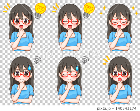 A set of illustrations of a girl who worries, thinks, and solves a problem (3 illustrations). A set of illustrations of a girl who worries, thinks, and solves a problem (3 illustrations). 140543174