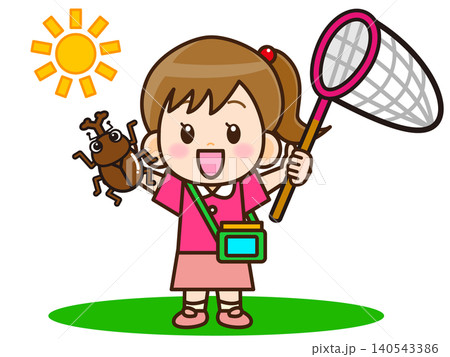 カブトムシを捕まえた女の子のイラスト素材3 カブトムシを捕まえた女の子のイラスト素材3 140543386