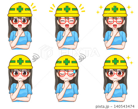 考えるヘルメットをかぶった女の子のイラスト素材セット2 考えるヘルメットをかぶった女の子のイラスト素材セット2 140543474