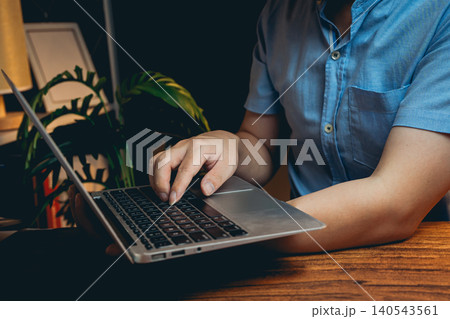 Person Working on Laptop in Cozy Workspace with Indoor Plant and Warm Lighting Person Working on Laptop in Cozy Workspace with Indoor Plant and Warm Lighting 140543561