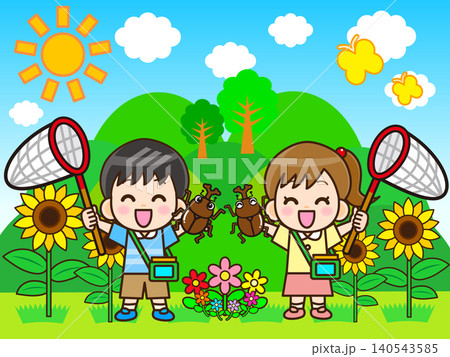 夏休みに山で昆虫採集する子供のイラスト素材 140543585