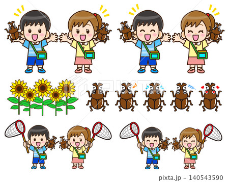 夏休みに昆虫採集する子供のイラスト素材セット 140543590