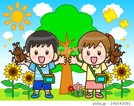 夏休みに山で昆虫採集する子供のイラスト素材3 140543591