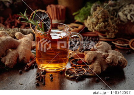 Warming herbal tea with fresh ginger 140543597