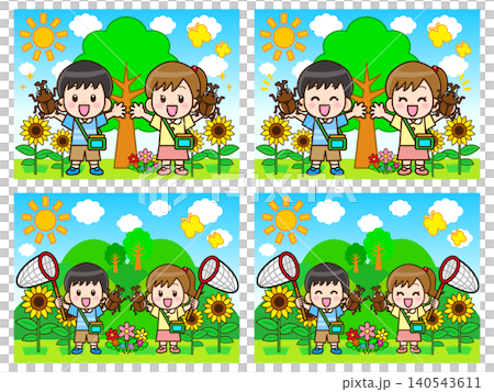A set of illustrations depicting children collecting insects in the mountains during summer vacation, surrounded by nature. 140543611