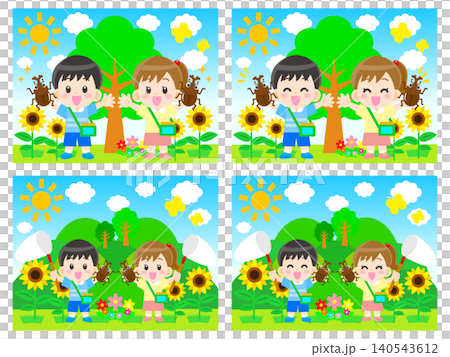A set of illustrations of children collecting insects in the mountains during summer vacation, along with nature (set of 2). 140543612