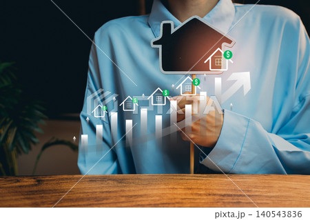 Real estate investment concept. Person holding house icon with rising chart, property value growth, housing market trend, mortgage planning, asset management, financial stability, home investment. 140543836