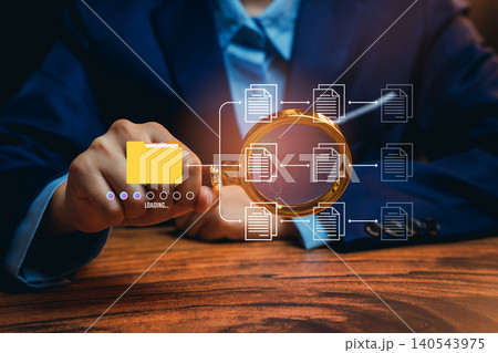 Hand holding magnifying glass with document icons, data search workflow, information discovery insight, digital organization process, file management improvement, documentation concept Hand holding magnifying glass with document icons, data search workflow, information discovery insight, digital organization process, file management improvement, documentation concept 140543975