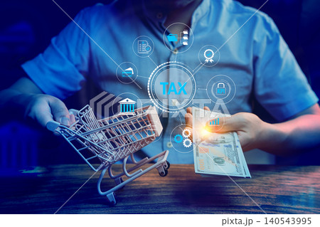 taxation, shopping cart with cash and tax interface icons, consumer tax and financial transaction concept taxation, shopping cart with cash and tax interface icons, consumer tax and financial transaction concept 140543995