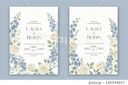 Elegant wedding invitation card template design with abstract watercolor flowers and leaves vector 140544037