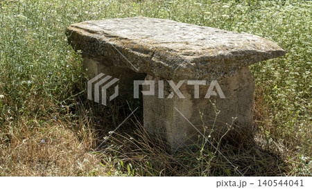 A stone bench stands worn and aged amidst tall grass and wild herbs in a historic farming area of Spain. It shows signs of weathering from time and nature. A stone bench stands worn and aged amidst tall grass and wild herbs in a historic farming area of Spain. It shows signs of weathering from time and nature. 140544041
