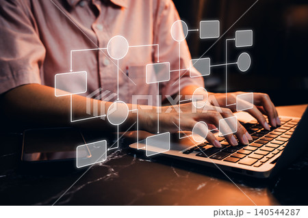 Hands typing on laptop with flowchart overlay, business workflow diagram, process mapping, decision path, project planning, system analysis, operations management concept Hands typing on laptop with flowchart overlay, business workflow diagram, process mapping, decision path, project planning, system analysis, operations management concept 140544287