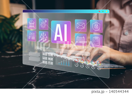 Hands typing with AI dashboard icons, digital innovation automation strategy analysis productivity improvement insight awareness decision workflow, AI technology concept Hands typing with AI dashboard icons, digital innovation automation strategy analysis productivity improvement insight awareness decision workflow, AI technology concept 140544344