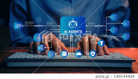 AI agents automation, person typing on keyboard with connected artificial intelligence system icons, smart workflow integration and digital transformation AI agents automation, person typing on keyboard with connected artificial intelligence system icons, smart workflow integration and digital transformation 140544484