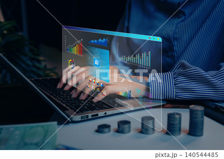 AI business analytics, person using laptop with digital dashboard and financial data charts, smart technology insights and data driven decision making AI business analytics, person using laptop with digital dashboard and financial data charts, smart technology insights and data driven decision making 140544485