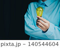 Idea concept. Bright Yellow Light Bulb Held by Person in Blue Shirt on Dark Background for Innovative Ideas Concept 140544604