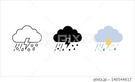 Thunderstorm cloud with rain and lightning icon set outline silhouette and color vector isolated on white background Thunderstorm cloud with rain and lightning icon set outline silhouette and color vector isolated on white background 140544617